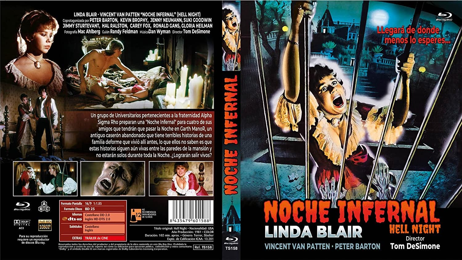 Portada de Blu-ray de la película de terror Noche infernal con Linda Blair.