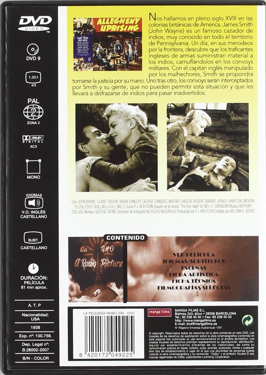 Contraportada de DVD de Allegheny Uprising con imágenes, texto en español, código de barras y detalles técnicos.