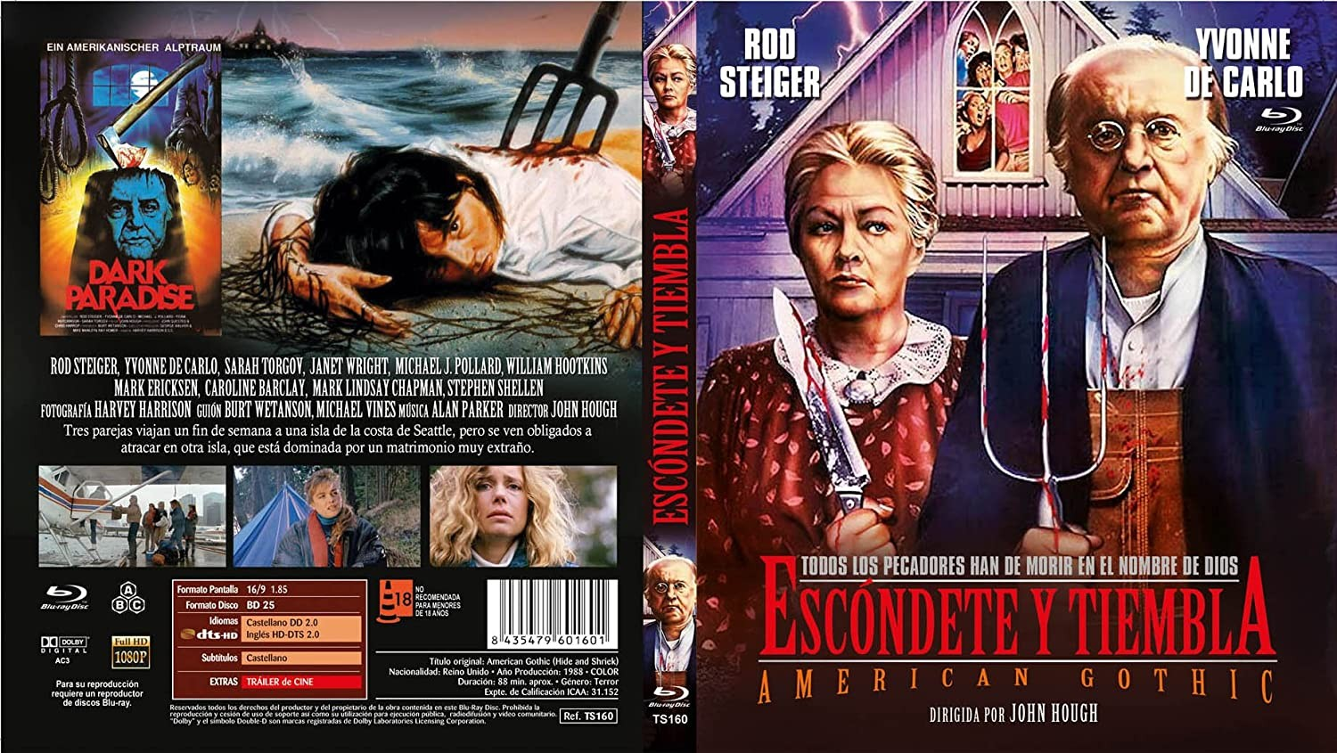 Carátula de Blu-ray de American Gothic con dos personas mayores, herramientas ensangrentadas y cielo tormentoso.