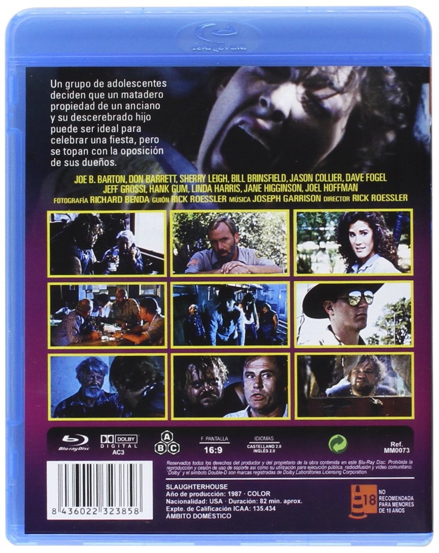 Contraportada del Blu-ray Slaughterhouse con fotogramas, texto y código de barras.
