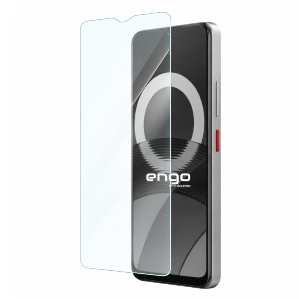 Ekran koruyuculu ve ekranında Engo marka adı yazan bir akıllı telefon.