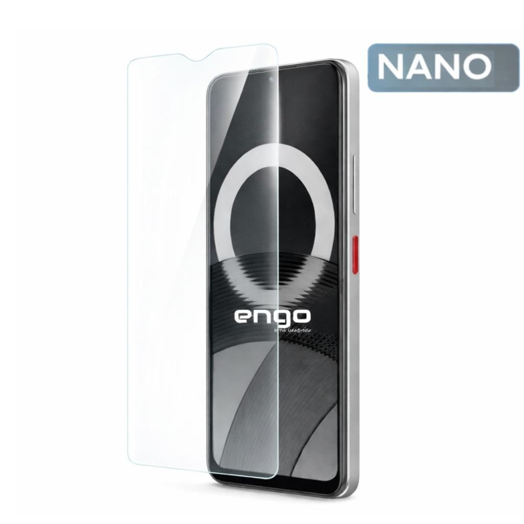 Şeffaf nano ekran koruyuculu ve sağ üst köşede NANO logolu akıllı telefon.