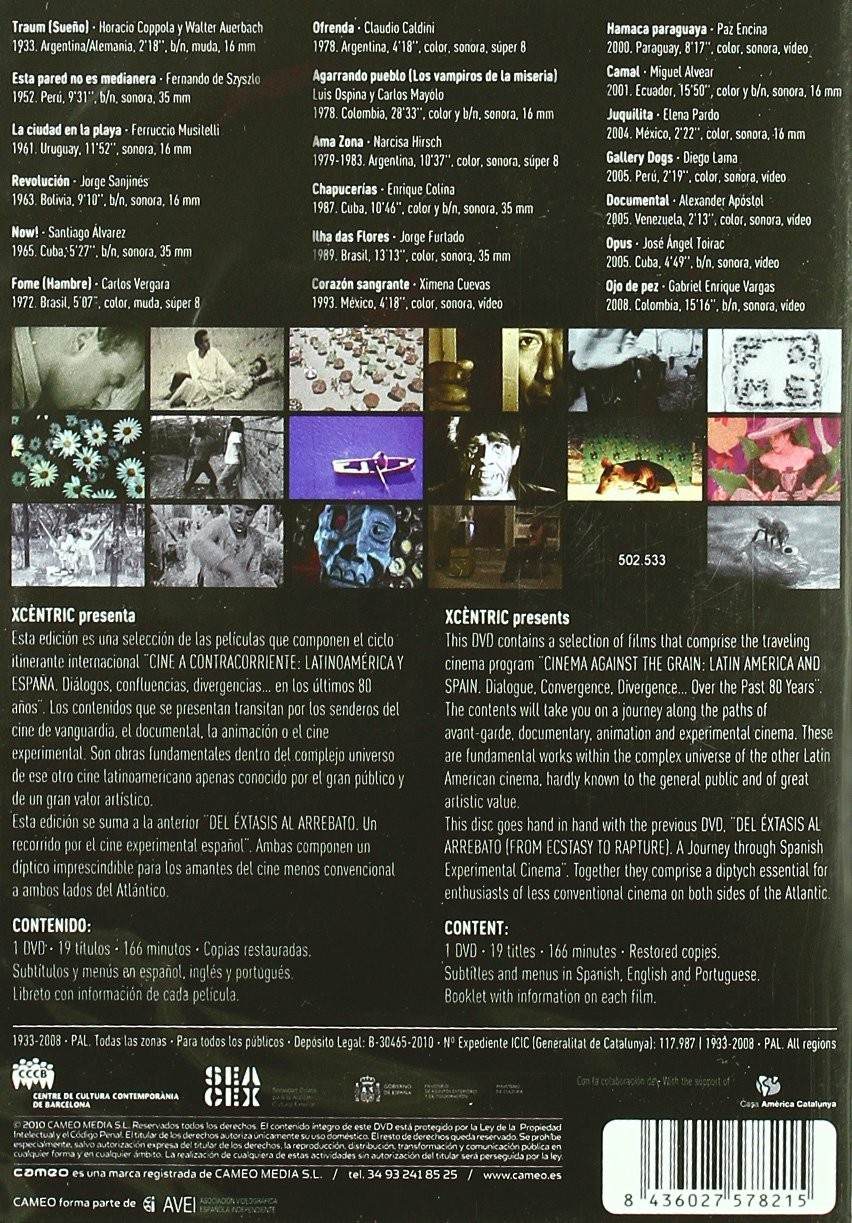 Contraportada de DVD con títulos de películas en tres columnas, fotogramas, descripciones en español e inglés y un código de barras.