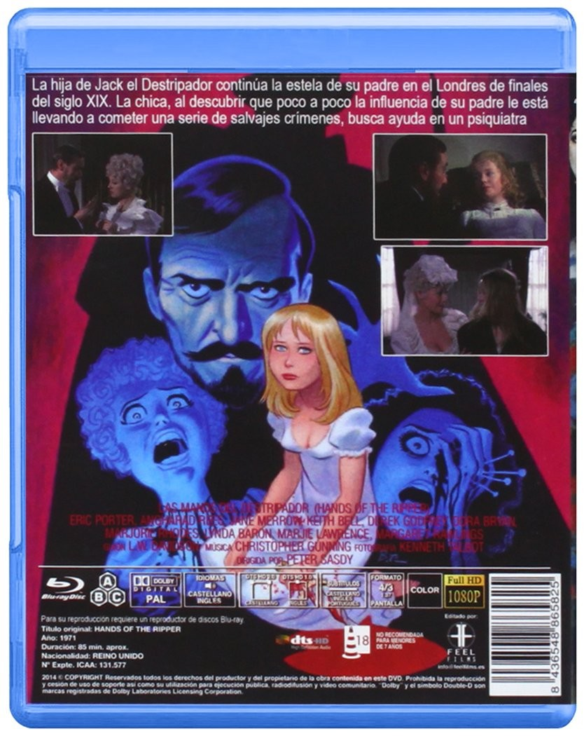 Contraportada de DVD con escenas ilustradas de 'Hands of the Ripper' y texto.