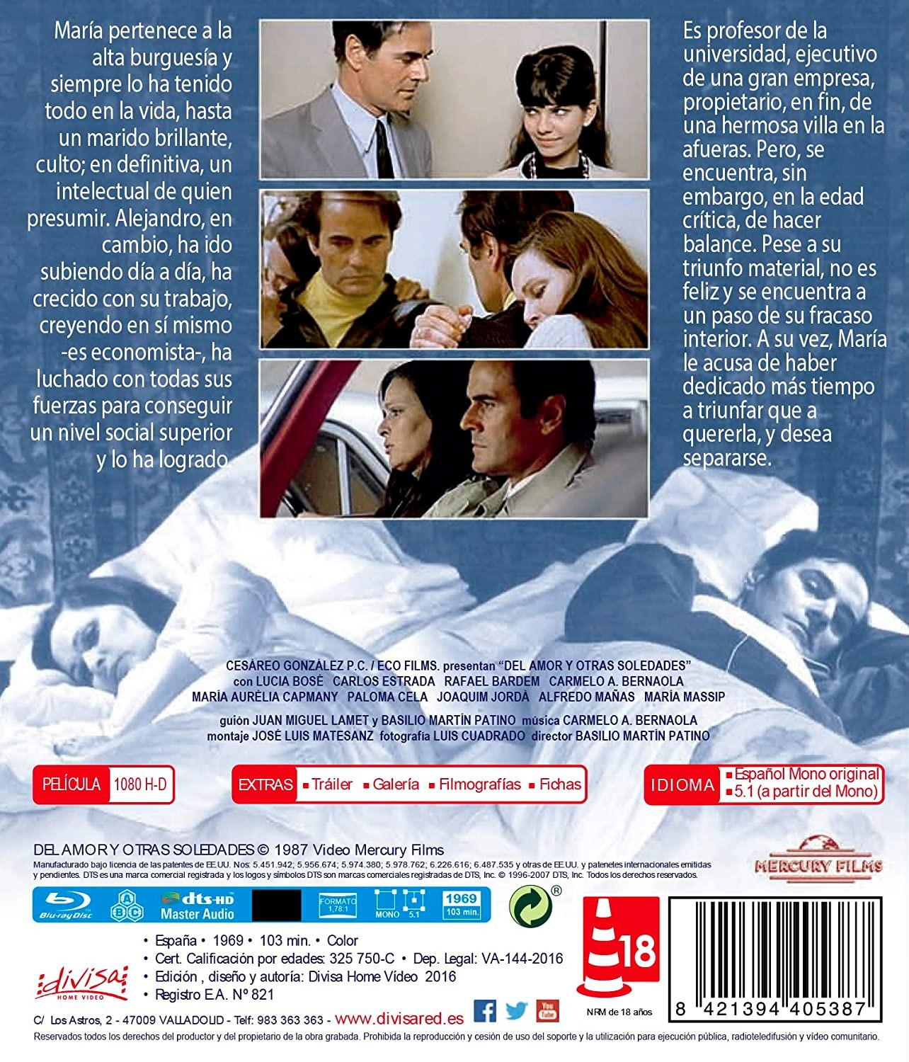 Carátula de Blu-ray de Del amor y otras soledades con fotogramas, texto y detalles técnicos.