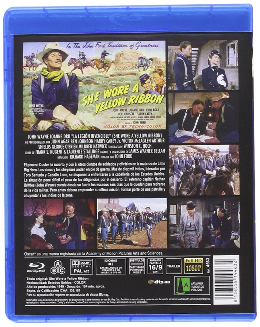 Contraportada de la caja de Blu-ray de She Wore a Yellow Ribbon con John Wayne y escenas.