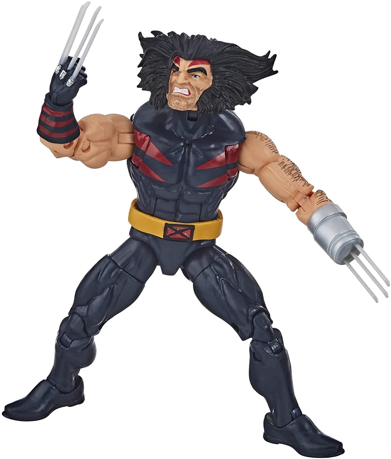 Un'action figure di Wolverine in costume nero con strisce rosse, cintura gialla e artigli estensibili.