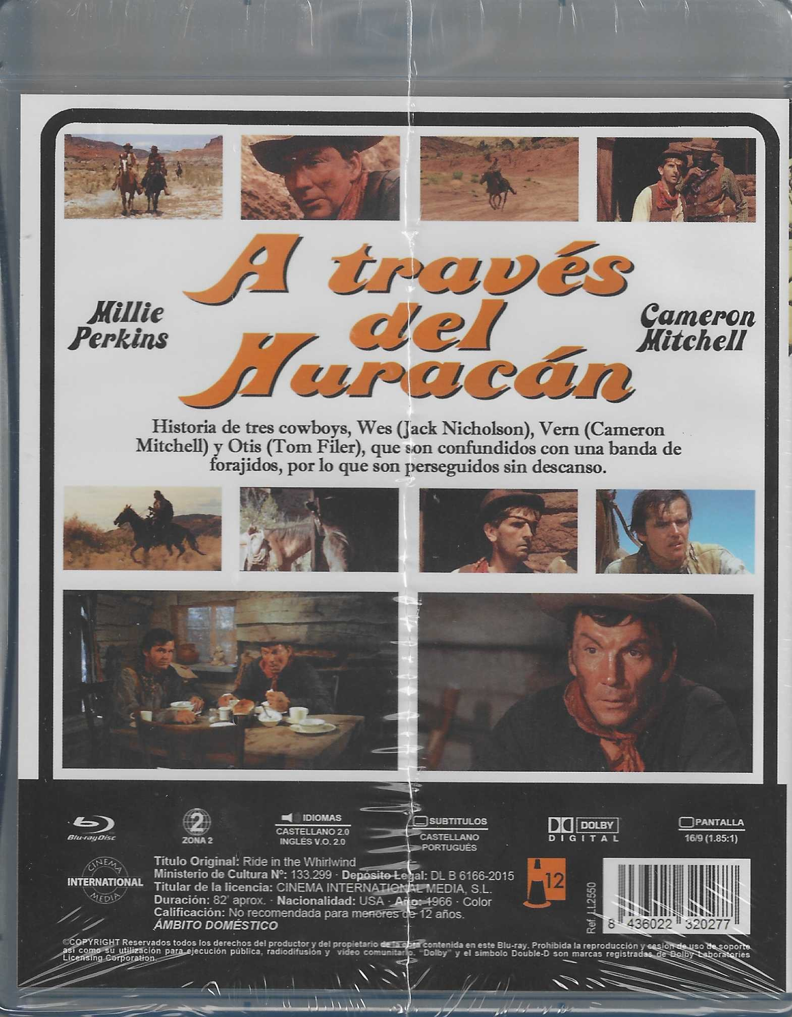 Contraportada de un Blu-ray de la película del oeste A través del Huracán con fotogramas, texto y código de barras.