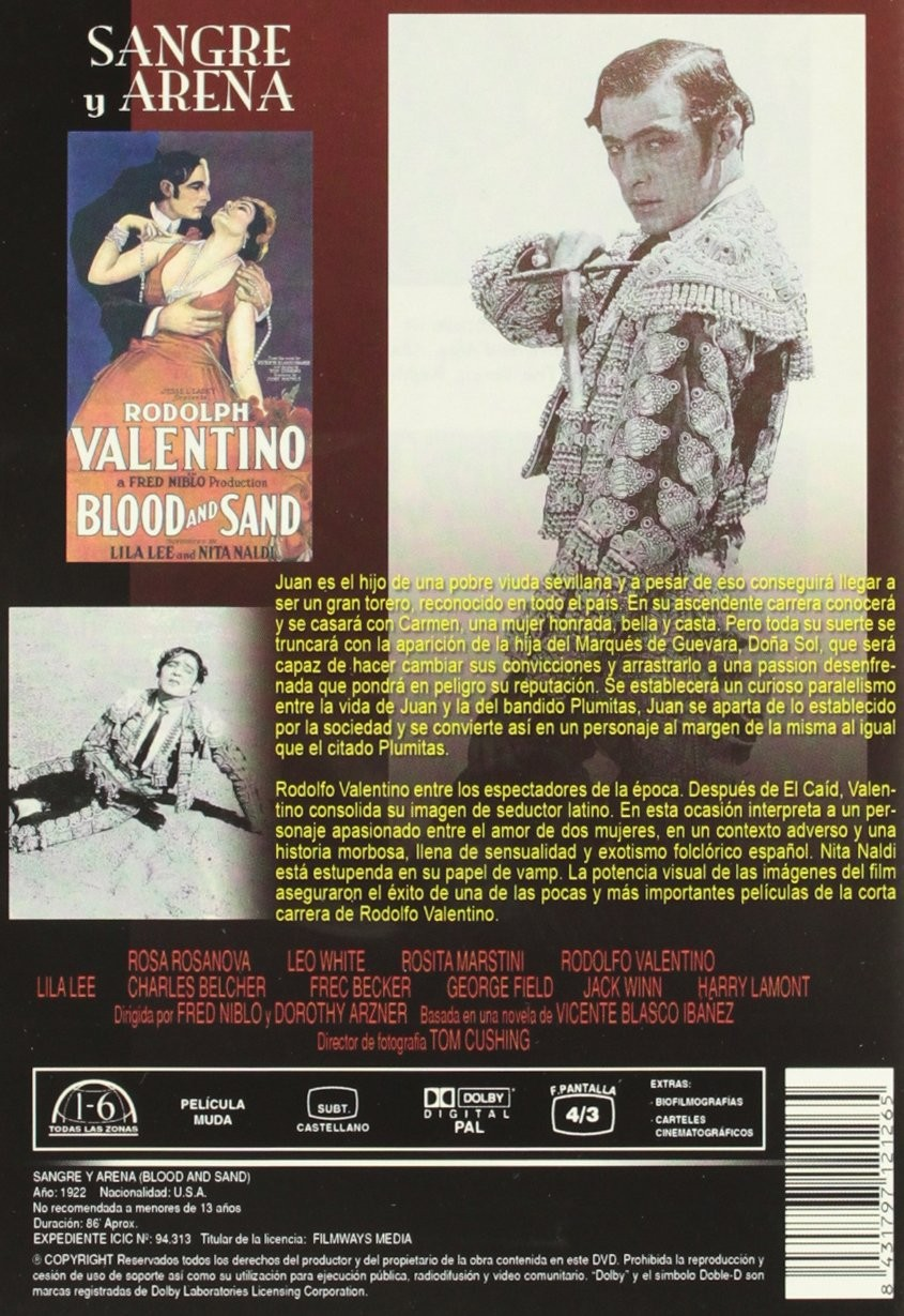 Carátula del DVD de 'Sangre y Arena' con Rodolph Valentino de torero y texto en español.