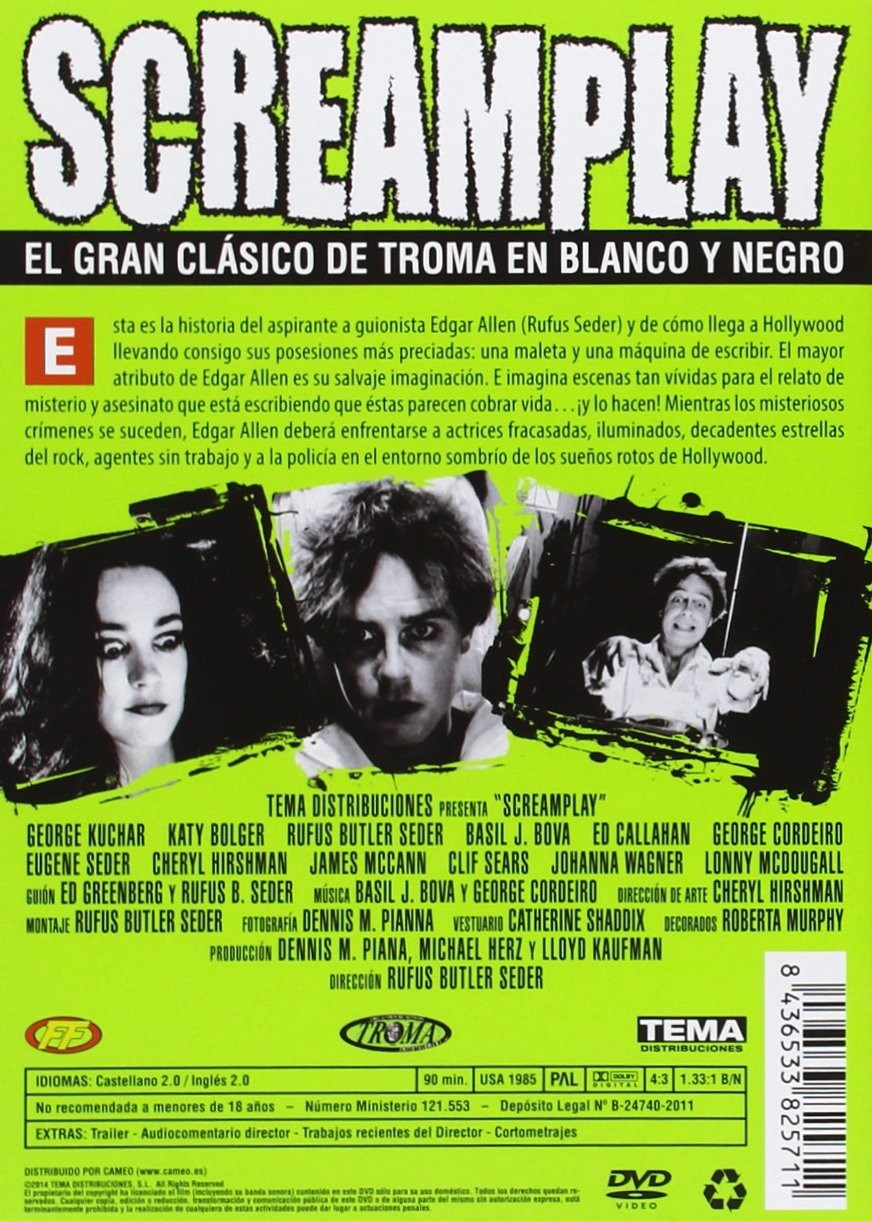Contraportada del DVD de Screamplay con fotogramas en blanco y negro y fondo verde.