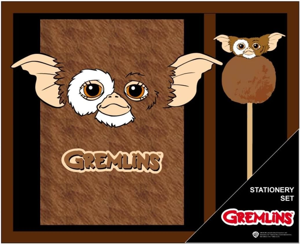 Gremlins Briefpapier-Set mit Gizmo-Grafik auf braunem und schwarzem Hintergrund.