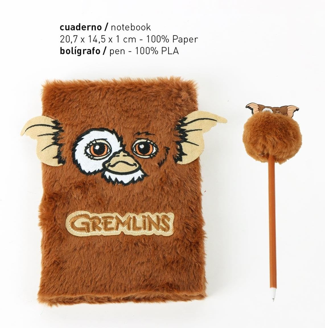 Ein flauschiges braunes Gremlins-Notizbuch mit großen Ohren und ein passender Kugelschreiber mit Pelzkugel und Gizmo.