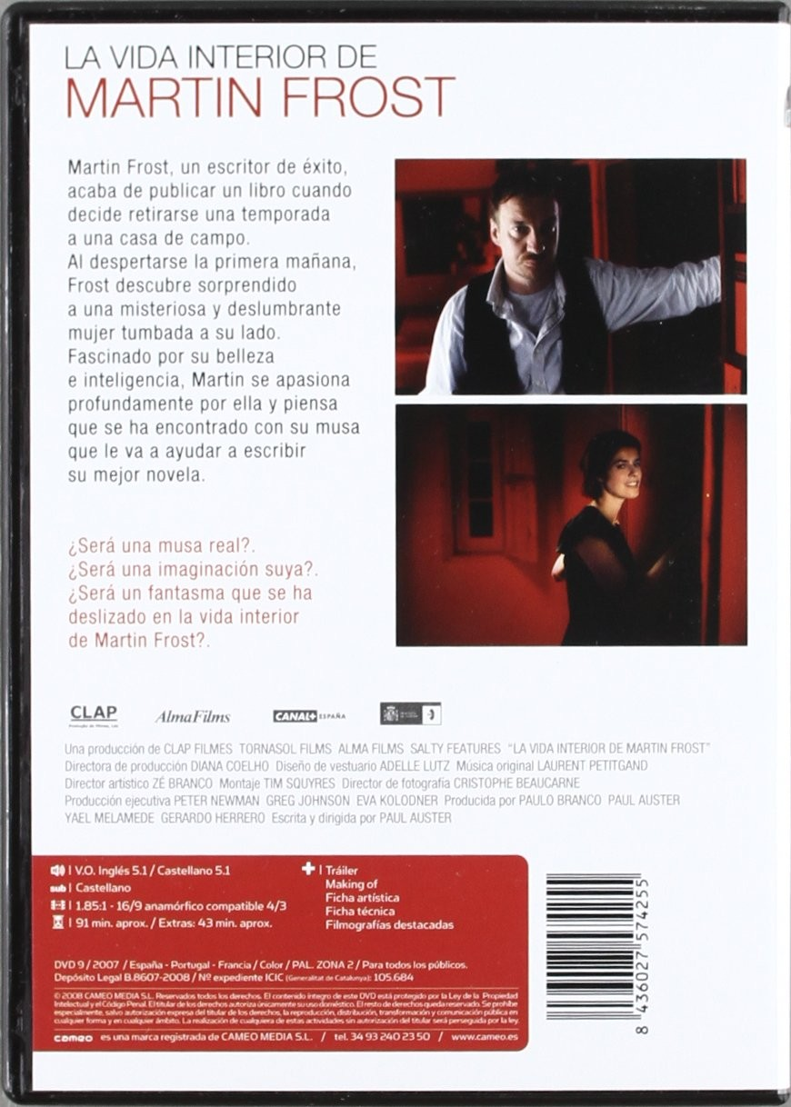 Contraportada del DVD de La vida interior de Martin Frost con texto, imágenes y detalles técnicos.
