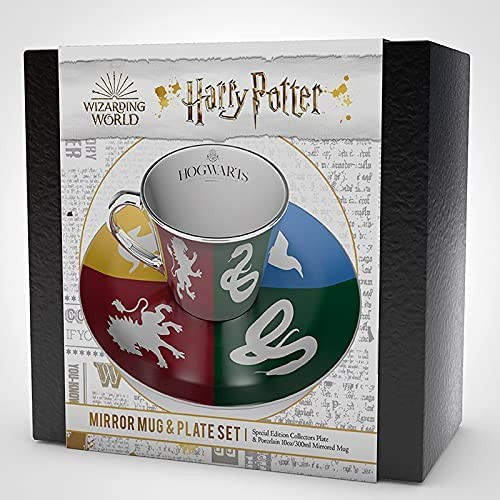 Juego de taza y plato de espejo de Harry Potter con emblemas de casas en caja.