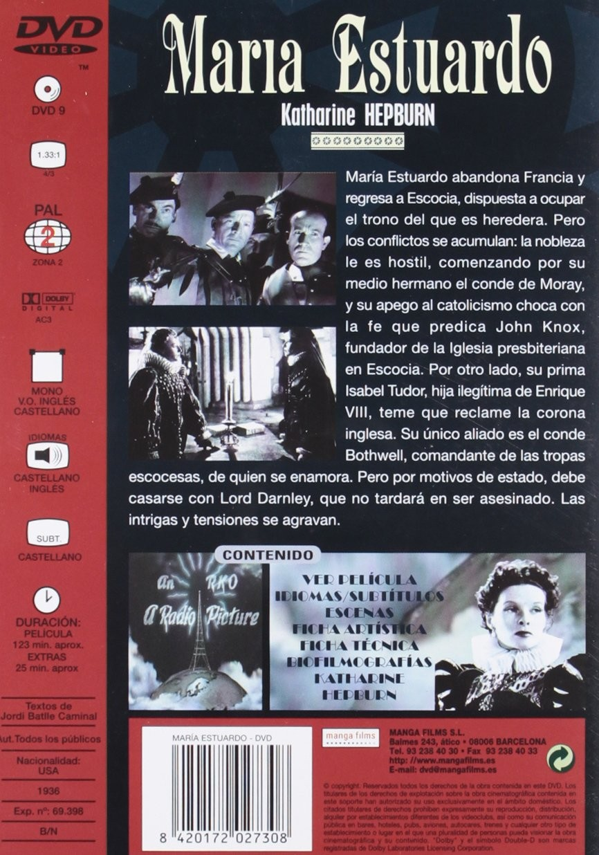 Contraportada del DVD de María Estuardo con Katharine Hepburn, fotos de escenas, texto en español y código de barras.
