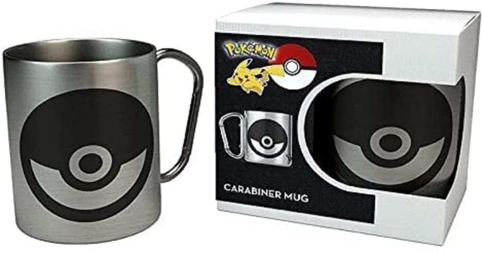 Taza de acero inoxidable de Pokémon con diseño de Pokébola junto a su caja.