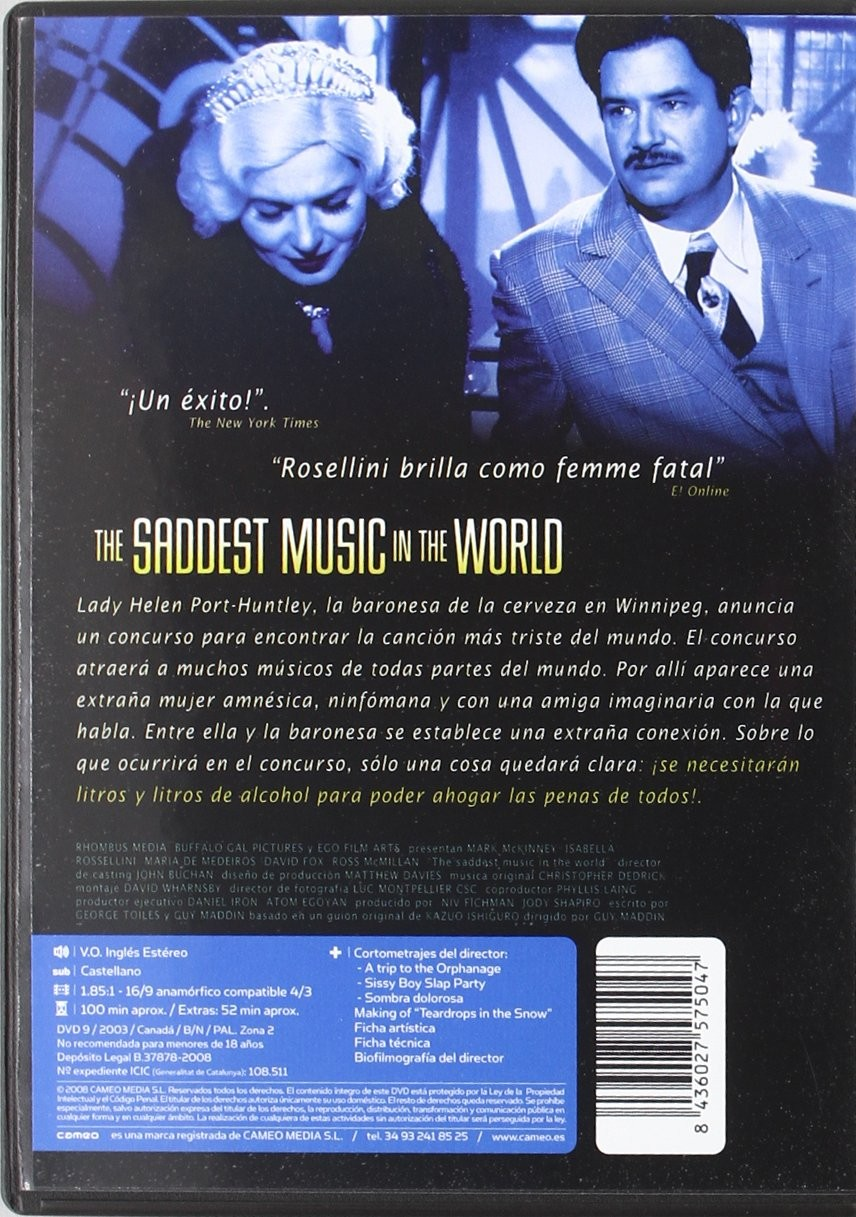 Contraportada del DVD 'The Saddest Music in the World' con texto y dos personas.