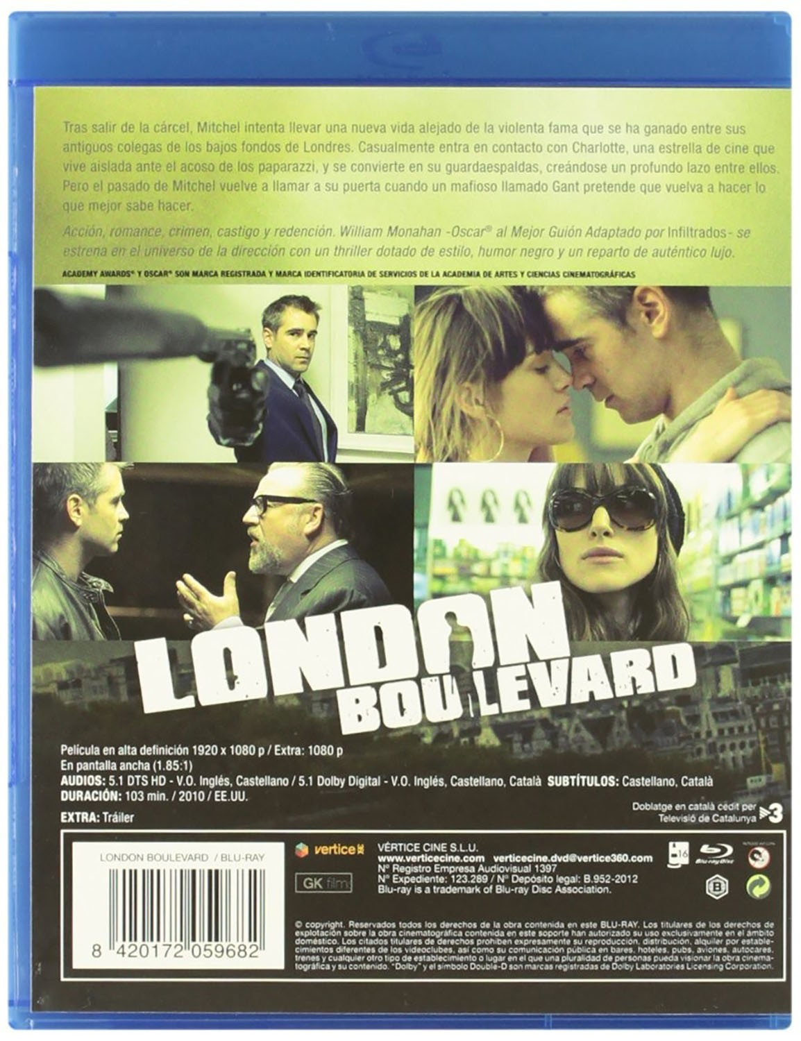 Contraportada del Blu-ray de London Boulevard con fotogramas de la película, sinopsis y detalles técnicos.