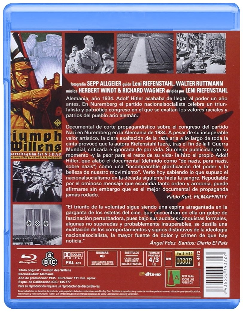 Contraportada del Blu-ray Triumph of the Will con fotogramas, texto y detalles técnicos.