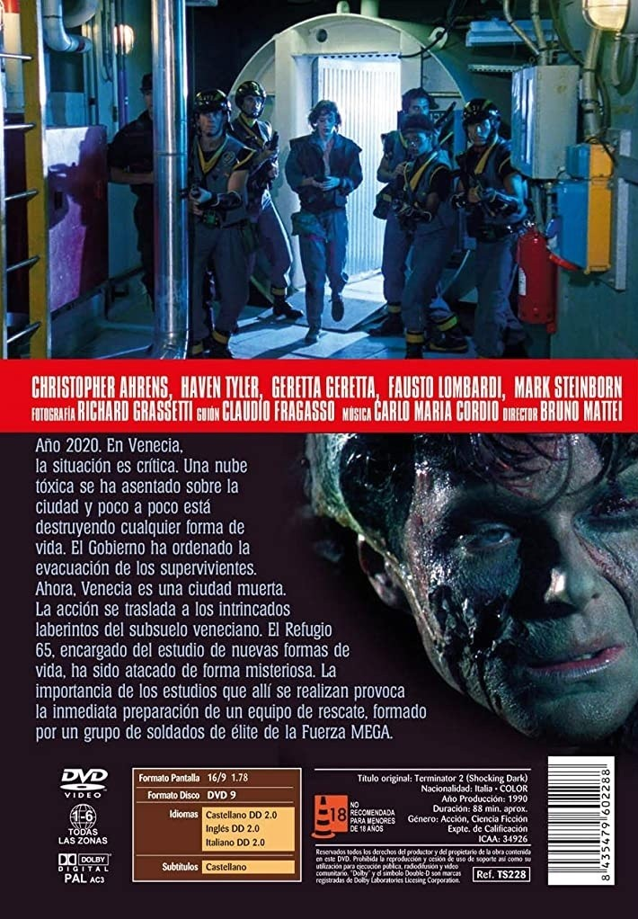 Carátula de DVD con soldados en un pasillo subterráneo y un rostro de perfil en primer plano.