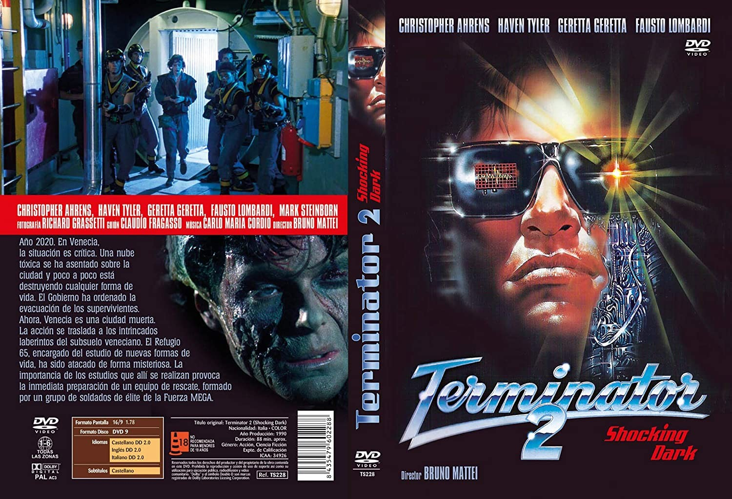 Carátula de Terminator 2 con rostro de cíborg, gafas de sol y soldados al fondo.