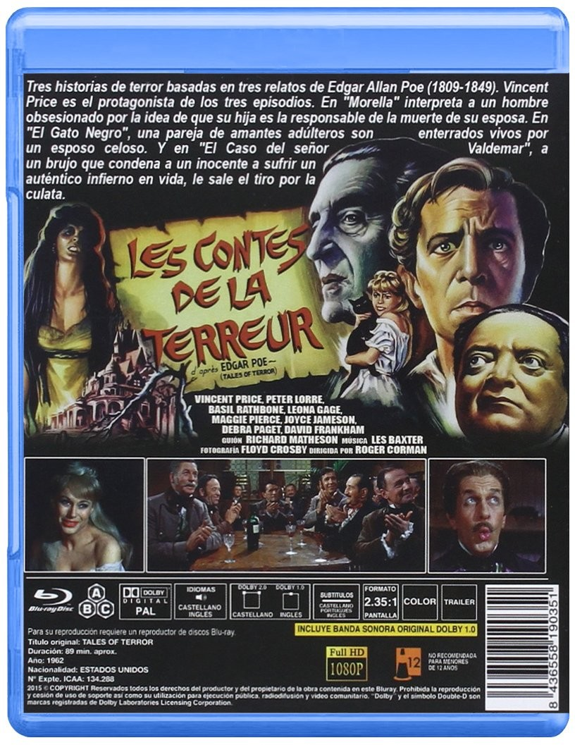 Contraportada de Blu-ray de la película de terror Cuentos de terror con retratos de actores y sinopsis.