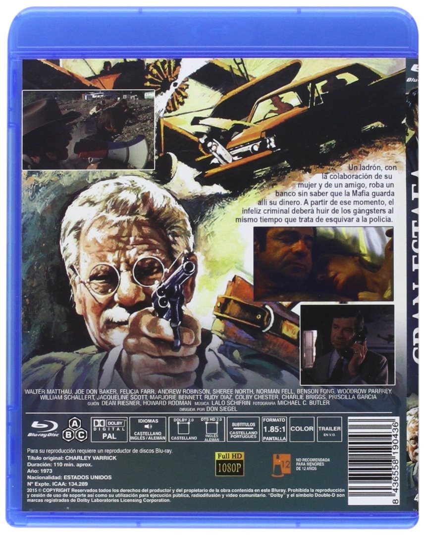 Contraportada de un Blu-ray con escenas de la película, una ilustración de Walter Matthau con un arma y texto.