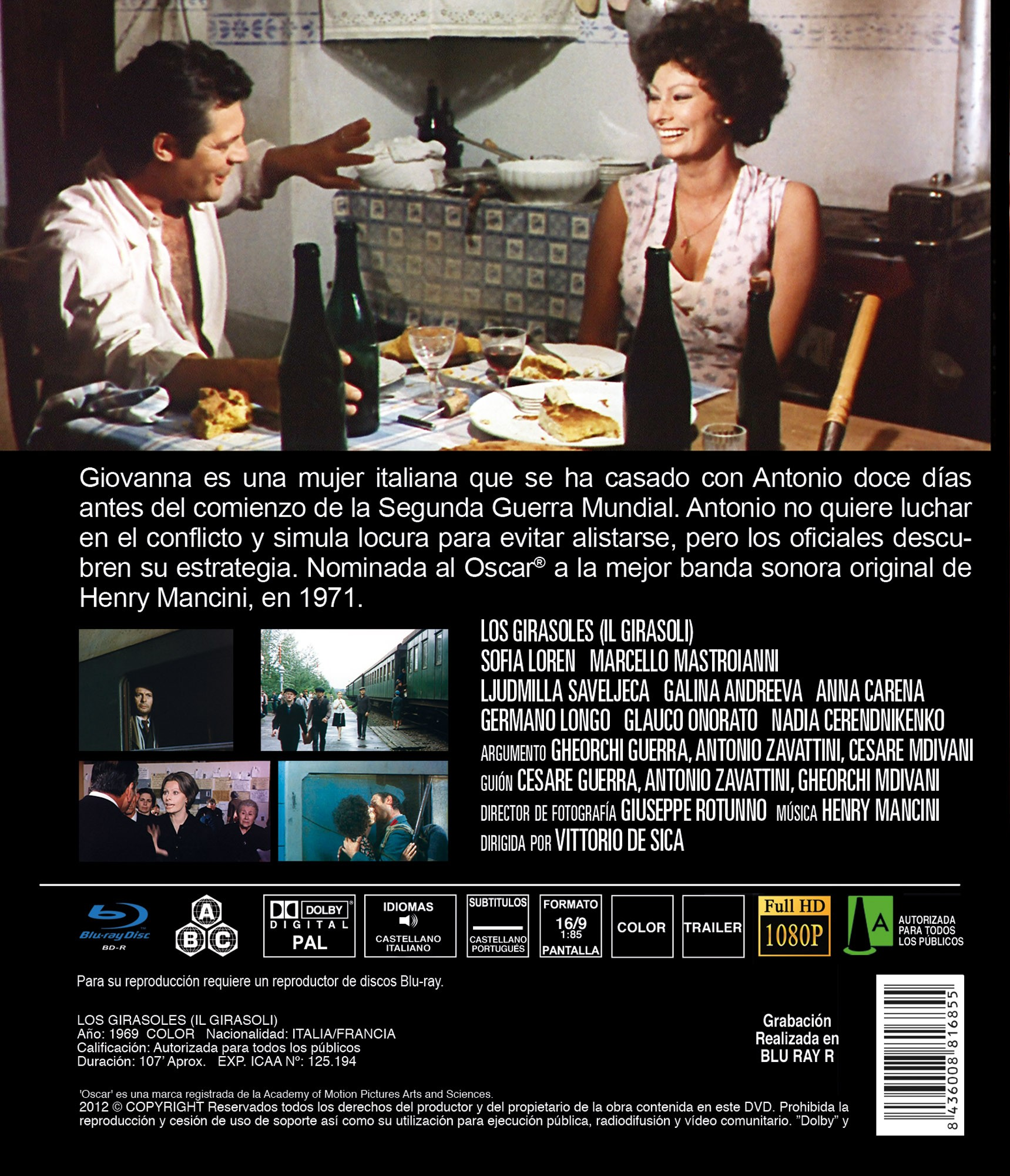 Carátula de Blu-ray de la película I Girasoli con Sofia Loren y Marcello Mastroianni, texto y fotogramas.