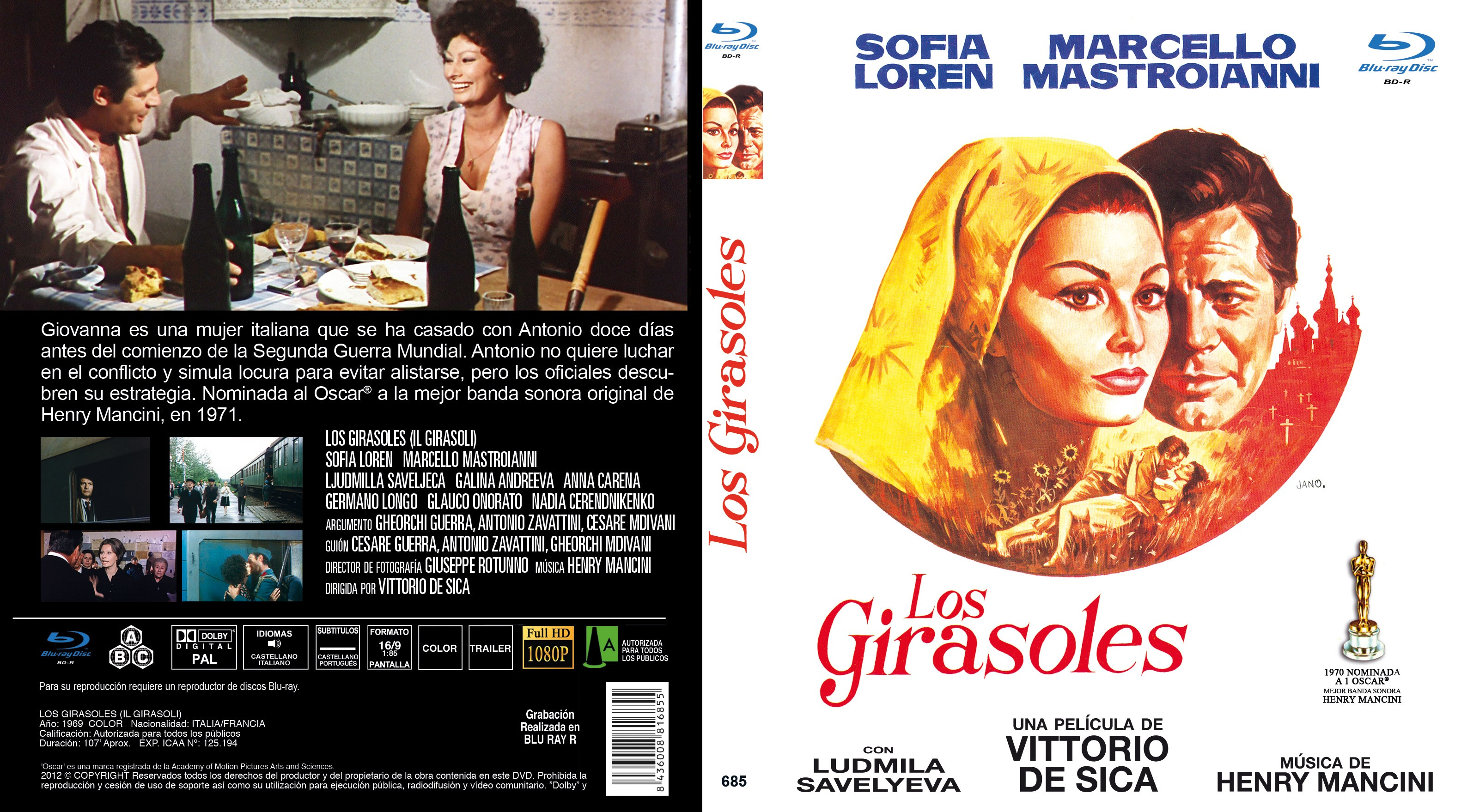 Carátula de DVD de Los Girasoles con Sofia Loren y Marcello Mastroianni, fotogramas y texto.