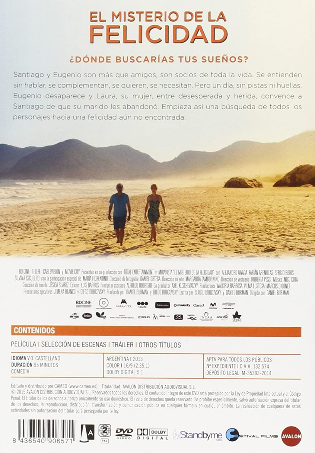 Carátula del DVD El Misterio de la Felicidad con dos personas en una playa y texto.
