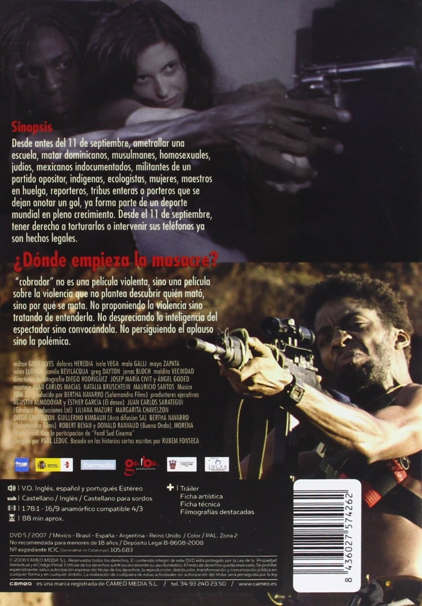 Contraportada de DVD con cartel, texto y código de barras, mostrando personas armadas.