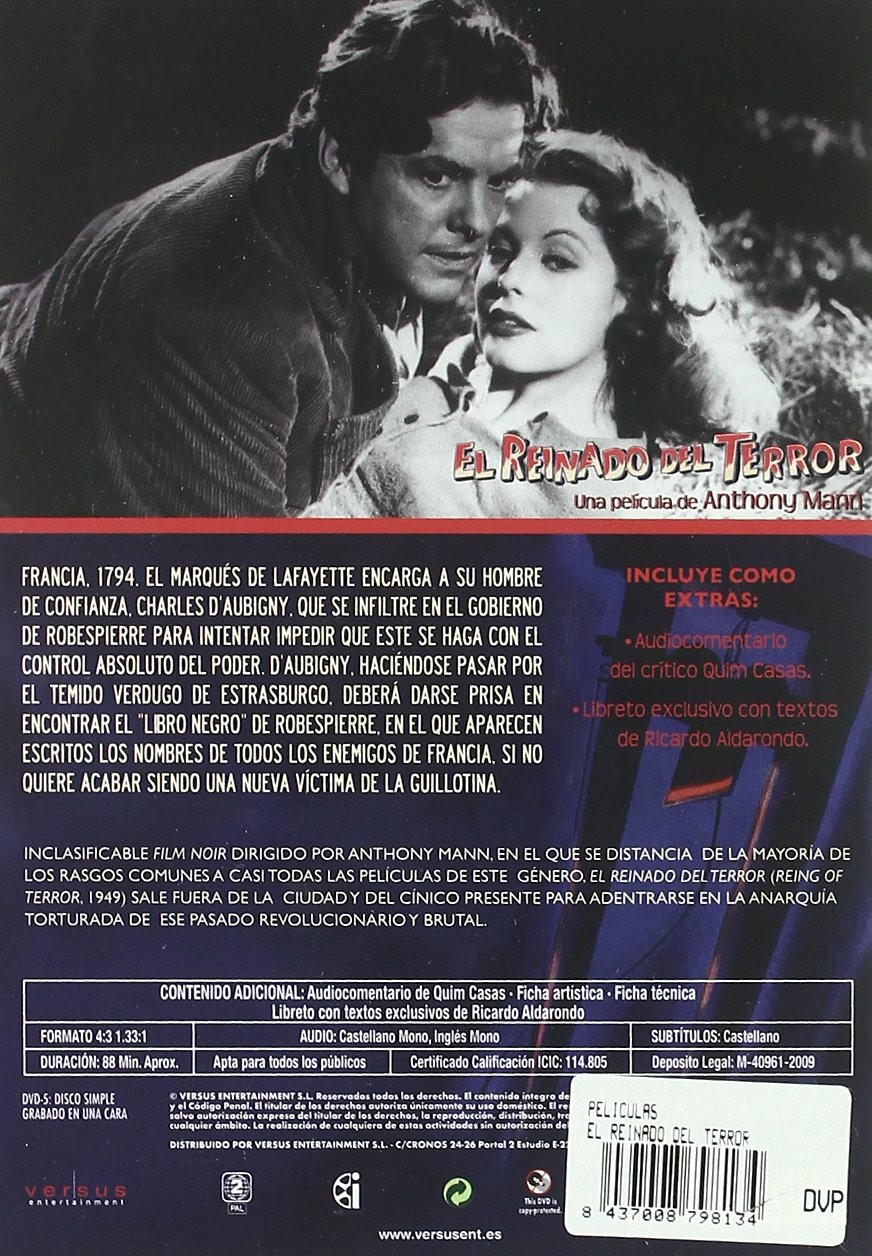 Contraportada del DVD de El Reinado del Terror con imágenes en blanco y negro, texto y código de barras.