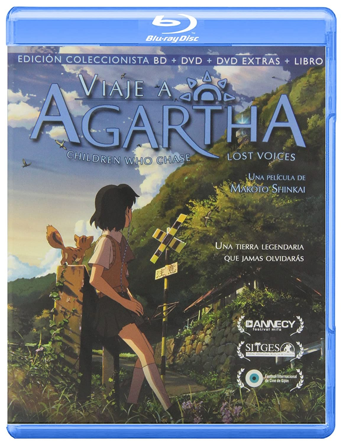 Carátula de Blu-ray de la película anime 'Viaje a Agartha' con una niña y una criatura en un paisaje frondoso.