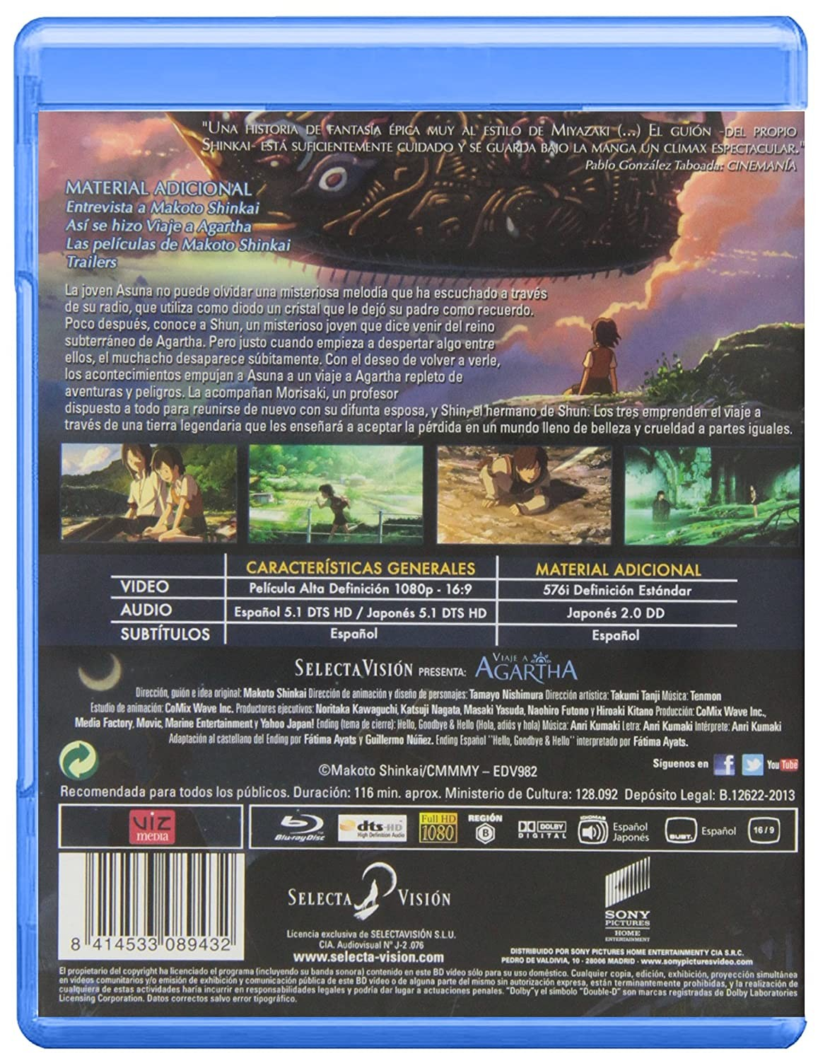La trasera de una caja de Blu-ray muestra escenas de anime, texto y detalles técnicos en español.