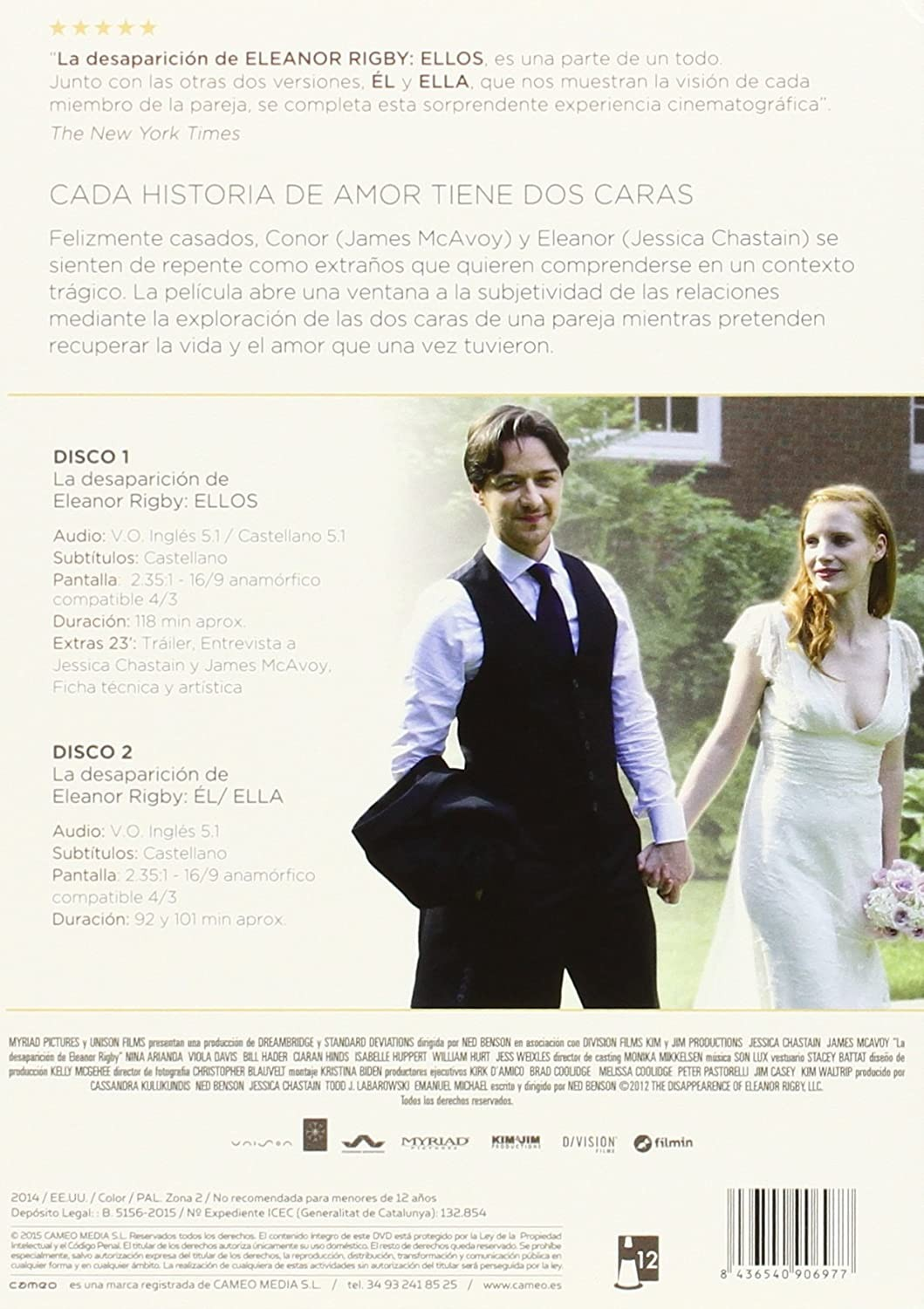 Cartel de película con James McAvoy y Jessica Chastain sobre un fondo de texto y detalles.