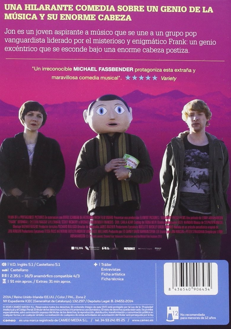 Contraportada de DVD con tres actores, el del centro con una máscara de cabeza de dibujos animados.