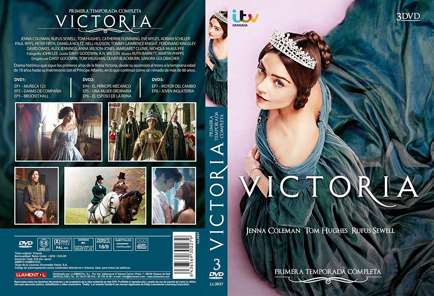 Carátula del DVD de la serie Victoria con Jenna Coleman en un vestido azul y tiara.