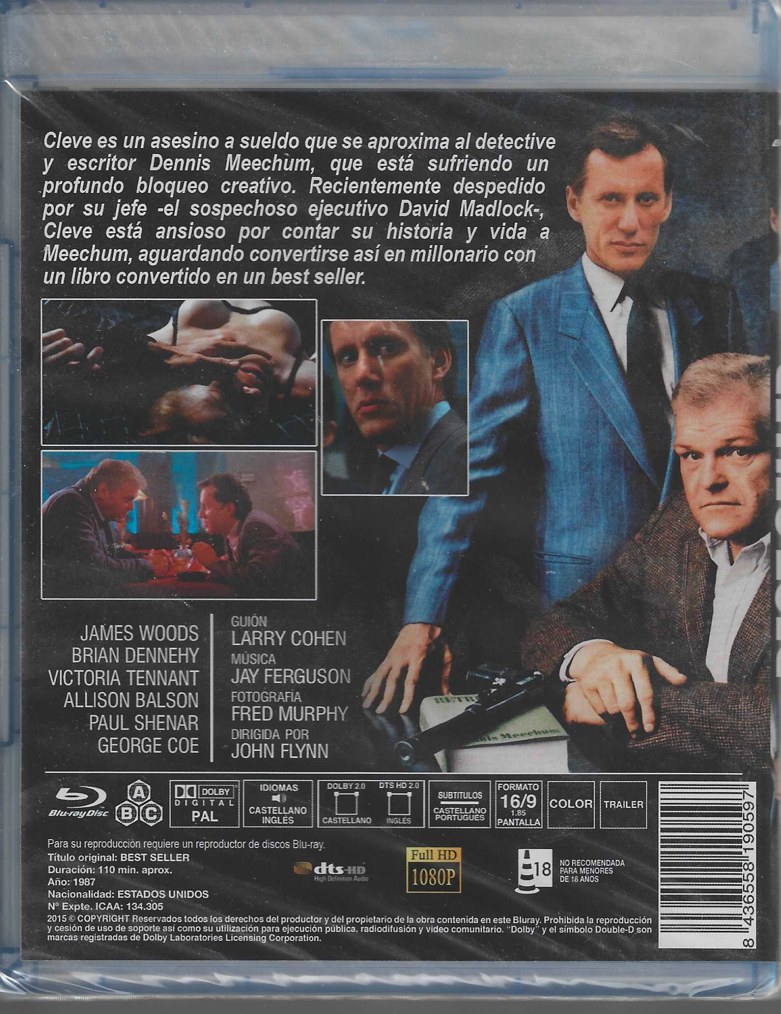 Contraportada de un Blu-ray con información de la película, reparto y fotos de escenas con James Woods y Brian Dennehy.