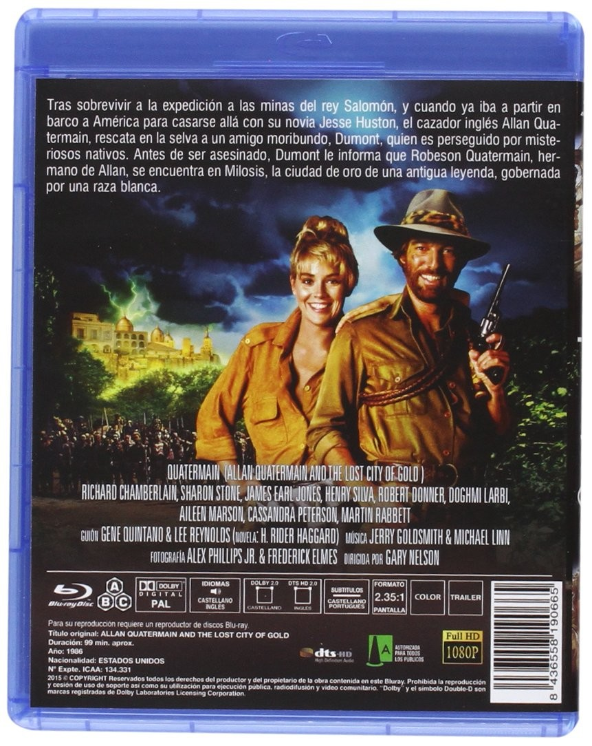 Contraportada de la caja de Blu-ray de Allan Quatermain con dos actores en la selva.