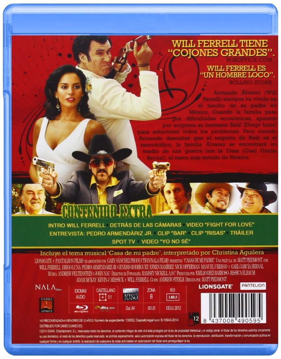 Contraportada del Blu-ray de la película Casas de Mi Padre, con Will Ferrell, Génesis Rodríguez y reparto.