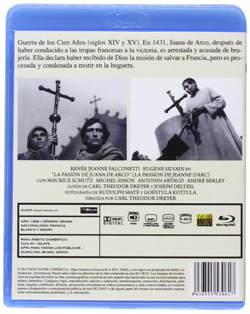 Contraportada del Blu-ray de La pasión de Juana de Arco con texto, imágenes y detalles técnicos.