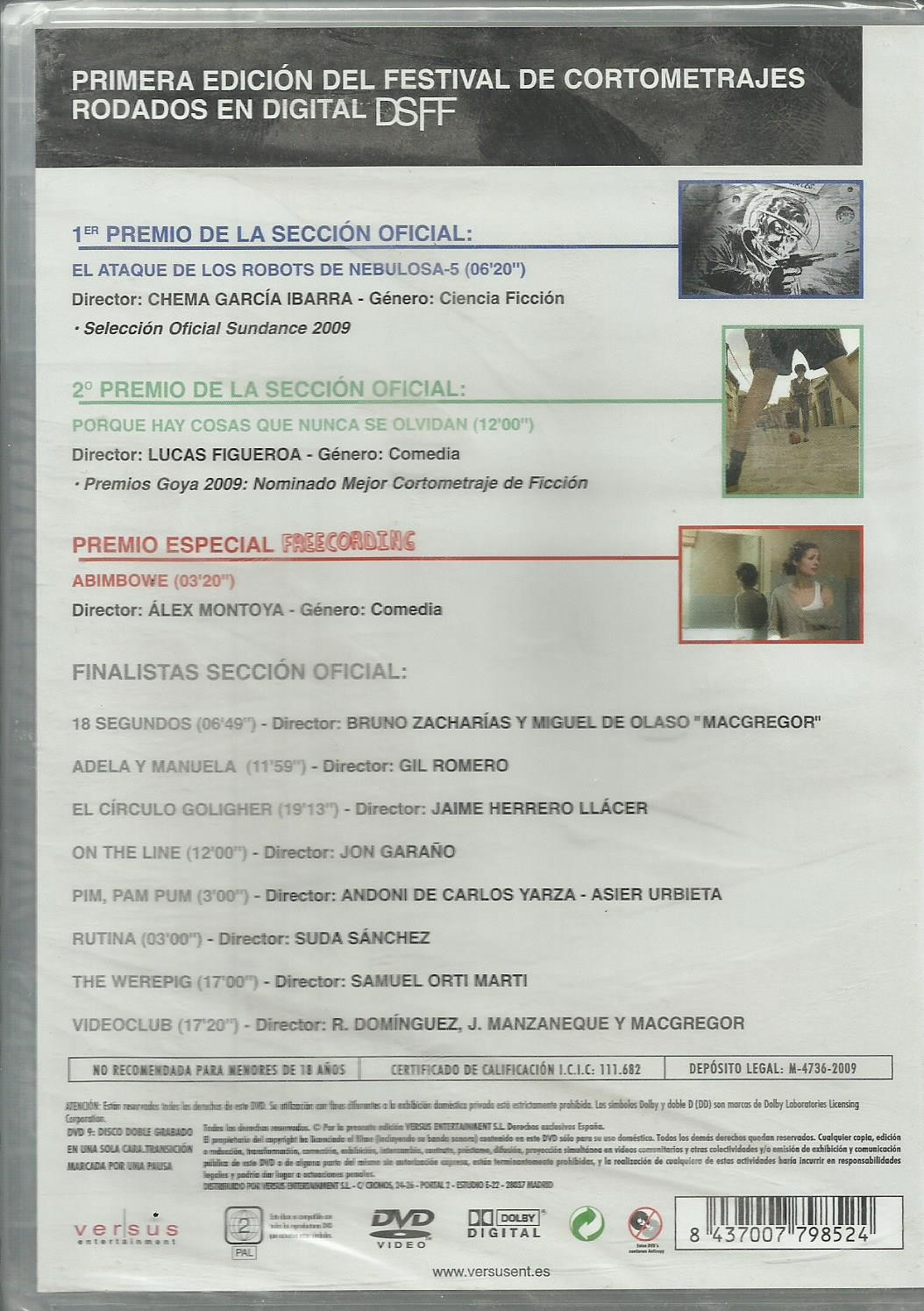 Caratula de DVD del primer festival de cortometrajes digitales con texto y pequenas escenas.
