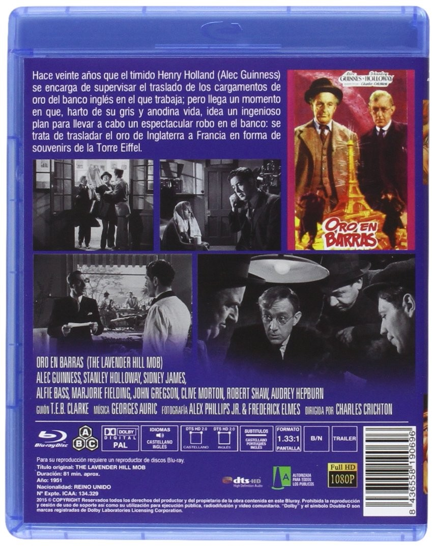 Contraportada del Blu-ray 'Oro en barras' con fotogramas, sinopsis y detalles técnicos.