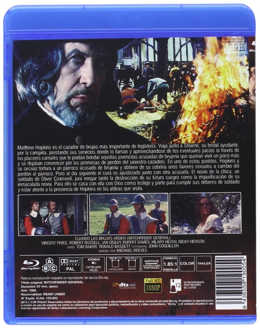 Contraportada de la caja Blu-ray de Witchfinder General con fotogramas, descripción y detalles técnicos.