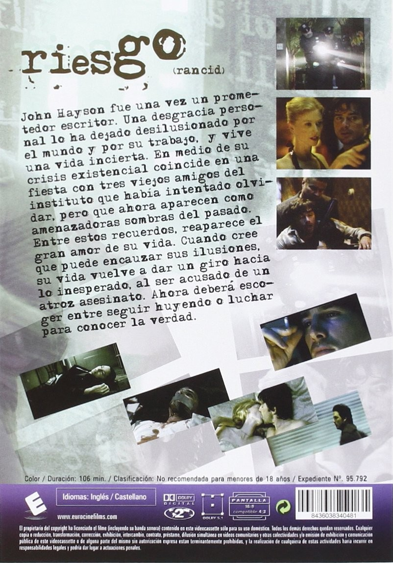 Contraportada del DVD de "Riesgo" con sinopsis en español, fotogramas e info técnica.