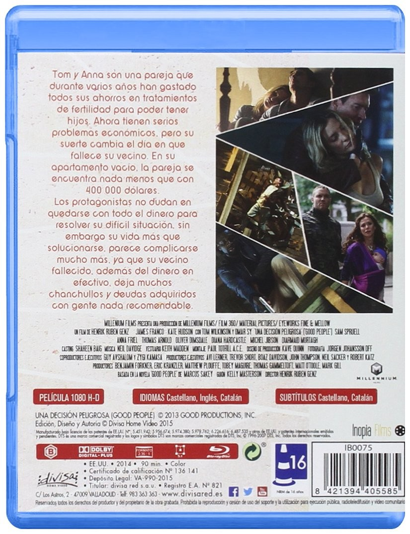 Contraportada de un estuche de Blu-ray con texto de la trama, créditos y fotos de escenas sobre fondo blanco.