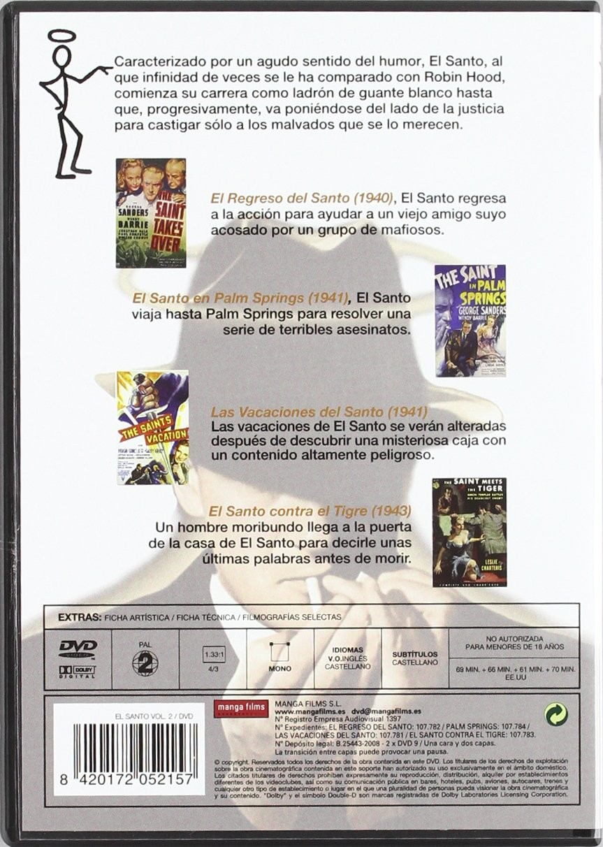 Contraportada de un estuche de DVD de 'El Santo' con carteles de películas, texto y detalles técnicos.