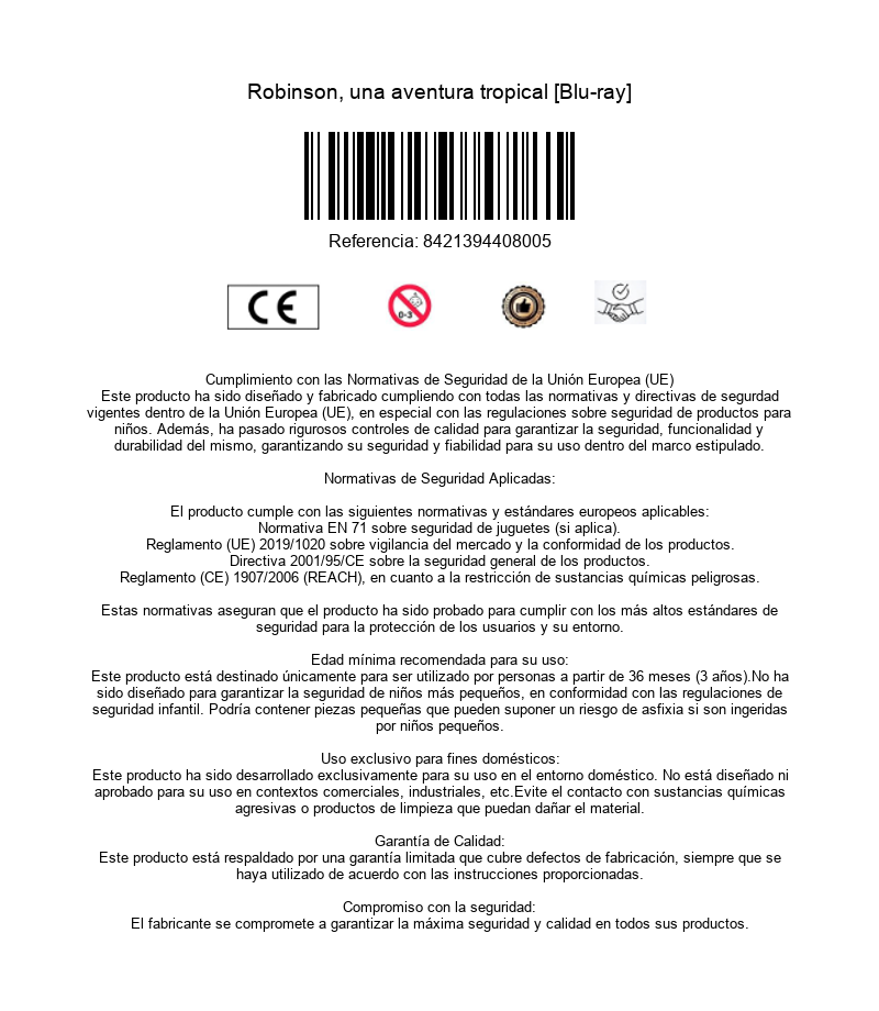 Información del producto y normas de seguridad para 'Robinson, una aventura tropical [Blu-ray]'.