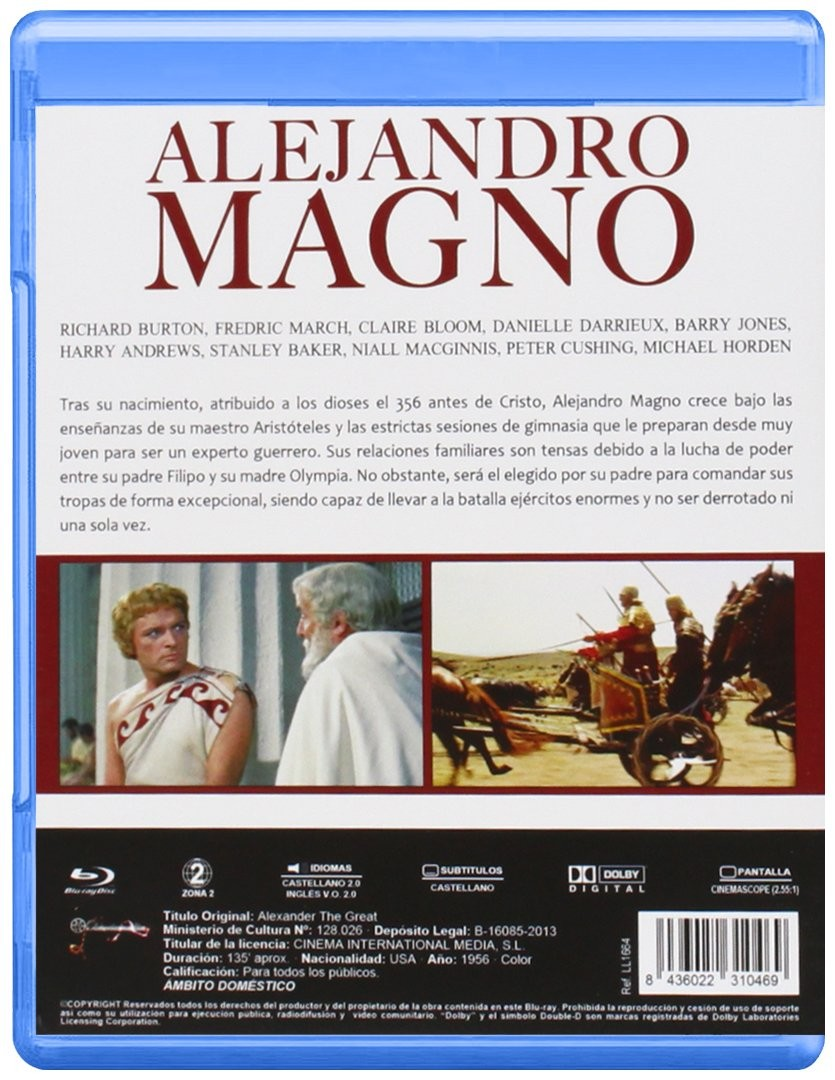 Contraportada del Blu-ray de Alejandro Magno con reparto, sinopsis, fotogramas e información técnica.