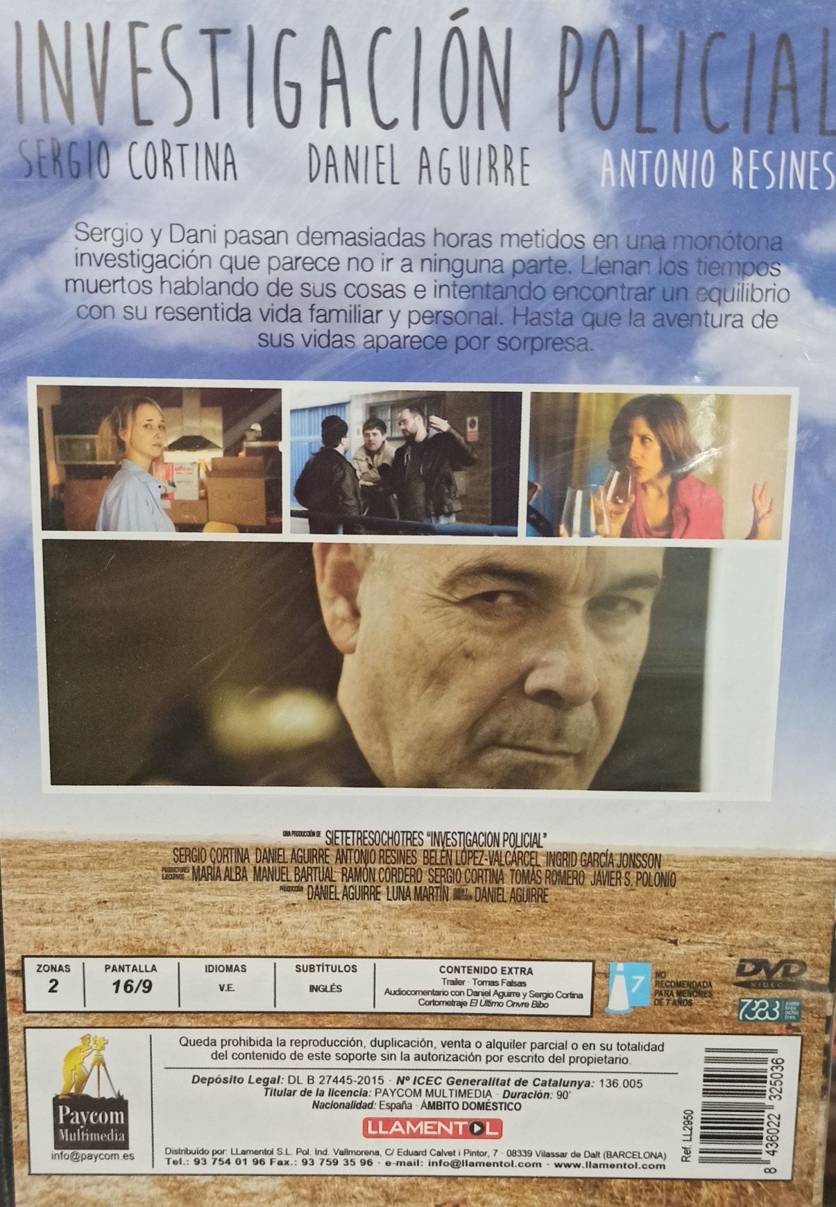 Contraportada de una caja de DVD con texto, fotos de actores e iconos informativos abajo.